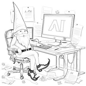 Pencil sketch of a ShyGnome working with a desktop showing an AI tool